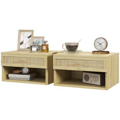HOMCOM Set of Two Rattan Panel Floating Bedside Tables Wood Effect