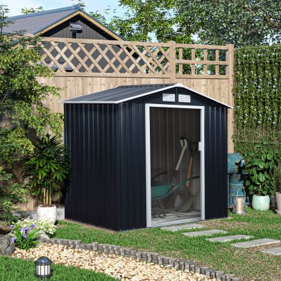 Outsunny Lockable Garden Shed Large Patio Roofed Tool Metal Storage Building Foundation Sheds Box Outdoor Furniture, 7ft x 4ft, Dark Grey