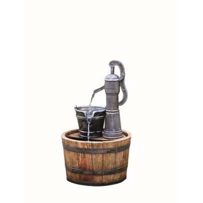 Pump on Wooden Barrel Traditional Solar Water Feature
