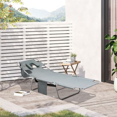 Outsunny Beach Chaise Lounge with Face Cavity & Arm Slots, Portable Sun Lounger, Reclining Lounge Chair 5-position Adjustable Backrest Grey