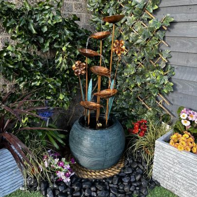 Copper Leaf Flower & Bowl Modern Metal Solar Water Feature