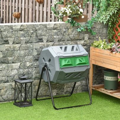 Outsunny 160L Tumbling Compost Bin Outdoor Dual Chamber 360? Rotating Composter w/ Sliding Doors & Solid Steel Frame, Grey