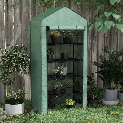 Outsunny 5 Tier Widened Mini Greenhouse w/ Reinforced PE Cover, Portable Green House w/ Roll-up Door & Wire Shelves, 193H x 90W x 49Dcm, Green