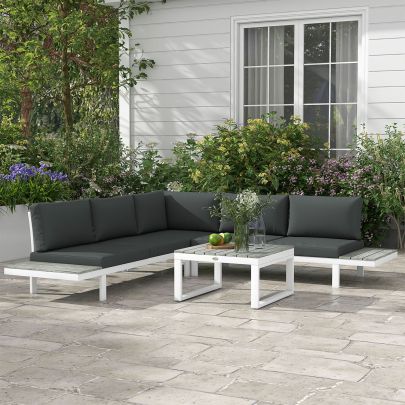 Outsunny 4 Pieces Patio Garden Set with 5-Level Recline Corner Sofa, Outdoor Garden Lounge Sectional Conversation Sofa Set with Cushions, Wood Grain Plastic Table, White