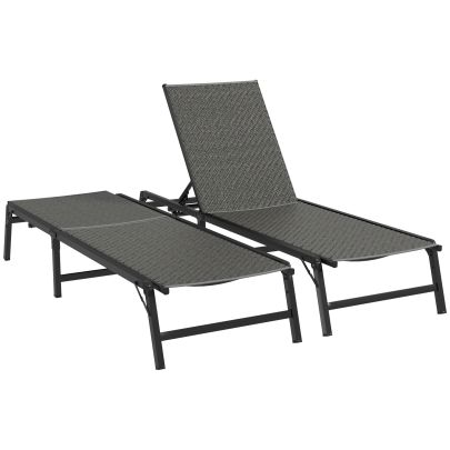 Outsunny Foldable Outdoor PE Rattan Sun Lounger Set of 2, Patio Wicker Recliners Lounge Chair w 5 Level Adjustable Backrest, for Poolside, Garden, Grey