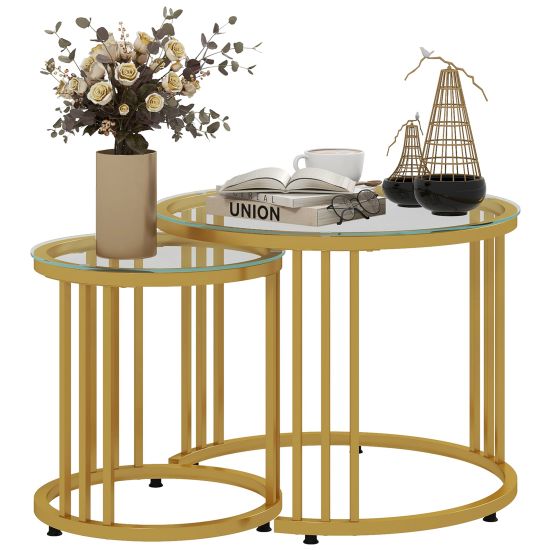 Buy HOMCOM Round Coffee Tables Set of 2, Nesting Tables with Tempered ...