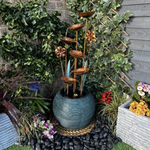 Copper Leaf Flower & Bowl Modern Metal Water Feature