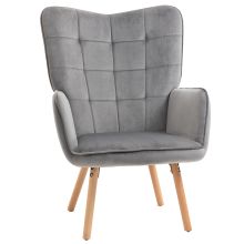  Accent Chair VelvetTufted Wingback Armchair Club Chair with Wood Legs Grey