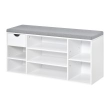  Shoe Storage Bench w/ Cushion 7 Compartments Adjustable Shelves White and Grey