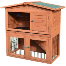   2 Tier Outdoor Rabbit Small Animal Enclosure with Ramp Tray to Raised Home & Below Run Area, Natural