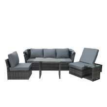  5 PCS Outdoor Rattan Sofa Sets Reclining Adjustable Canopy Side Dining Table with Cushions