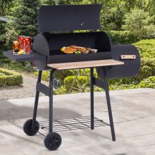  Portable Charcoal BBQ Grill, Cold-rolled Steel, Solid Wood, 104H x 124L x53W cm-Black 
