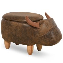  PU Leather Upholstered Cow Storage Stool Animal footstool Buffalo Wood Frame Legs w/Padding Lid Ottoman Furniture Brown
