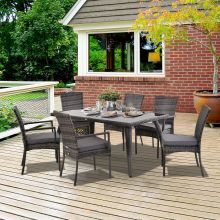  7 Pcs Garden Dining Set Steel Frame PE Rattan Wicker 6 Chairs Large Table Grey