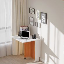  Kitchen Folding Desk Mobile Drop Leaf Dining Table w/ Casters & Storage Shelves- Teak/White Colour