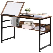  Tiltable Drafting Table Home Office Computer Desk w/ Open Shelf, Rustic Brown