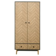  Modern Wardrobe Cabinet Particle Board Double Door Wardrobe, Hanging Rod and 2 Drawers, 90x50x190cm-Grey/Oak