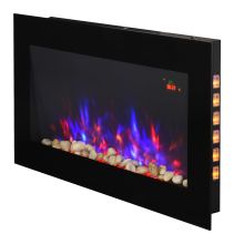  2000W Wall Mounted Tempered Large LED Curved Glass Electric Fireplace Heater Black