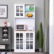  Home Sideboard Storage Cabinet Countertop Grid Glass Doors Shelves, 80L x 37W x 183Hcm-White