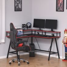  L-Shape Corner Gaming Desk Computer Table with Elevated Monitor Shelf Workstation, Black Red