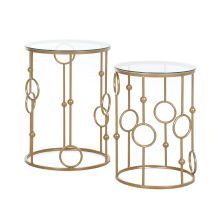  Round Coffee Tables Set of 2, Gold Nesting Side End Tables W/ Tempered Glass Top