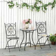  3 Pcs Mosaic Tile Garden Bistro Set Outdoor Seating w/ Table 2 Folding Chairs