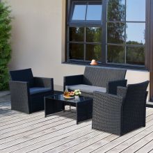  4-Seater Outdoor Garden PE Rattan Sofa Set w/ Coffee Table Black