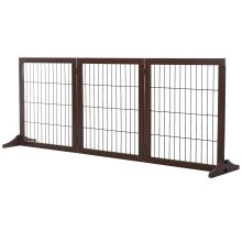  3 Panel Pet Gate Pine Frame Indoor Foldable Dog Barrier w/Supporting Foot, Brown