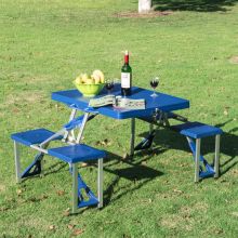 4 Seater Aluminum Portable Picnic Table with Foldable Seats Blue