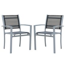 Set Of 2 Outdoor Chairs Square Steel Frame Texteline Mesh Seats Foot Caps Grey