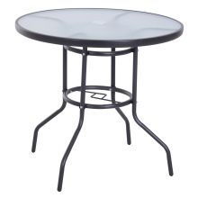 Round Outdoor Dining Table Tempered Glass Top Steel W & Parasol Hole Ф80x72Hcm Black