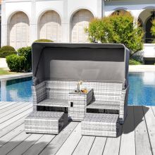 3 PC Outdoor Rattan Daybed Sofa Footstool Coffee Table Set Inc Canopy Cushion