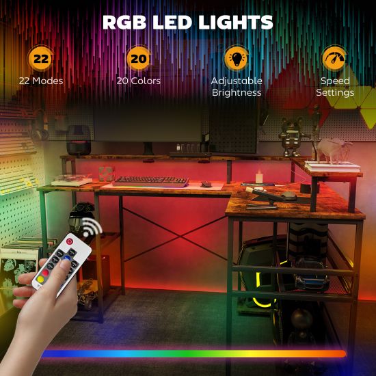 HOMCOM L Shaped Gaming Desk with LED Lights and Power Outlets, 150cm