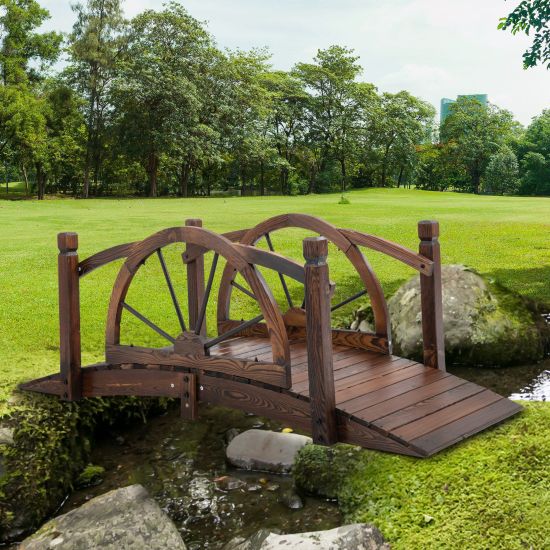 5ft Wooden Garden Bridge - Outdoor Decorative Arch Footbridge With Guardrails For Yard, Pond, Patio & Landscape