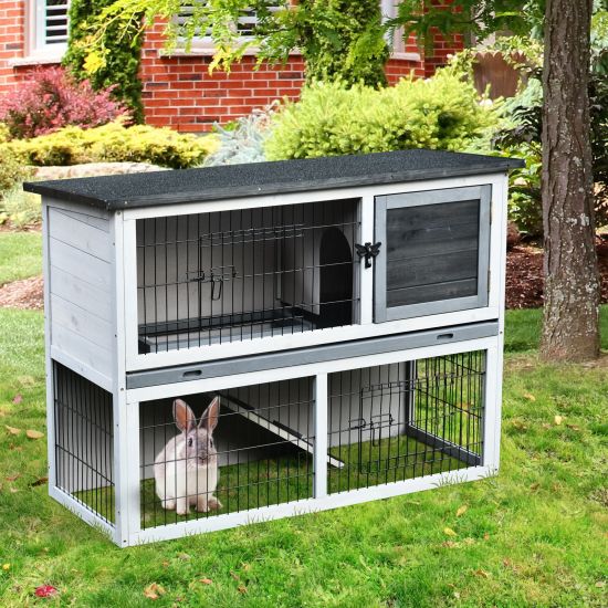 Small Animal Two-Level Fir Wood Rabbit Hutch Bunny Cage w/ Slide Out Tray  Grey