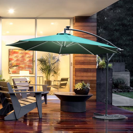 Outdoorlivinguk 3m Led Patio Banana, Cantilever Outdoor Beige Umbrella With Lights And Speaker