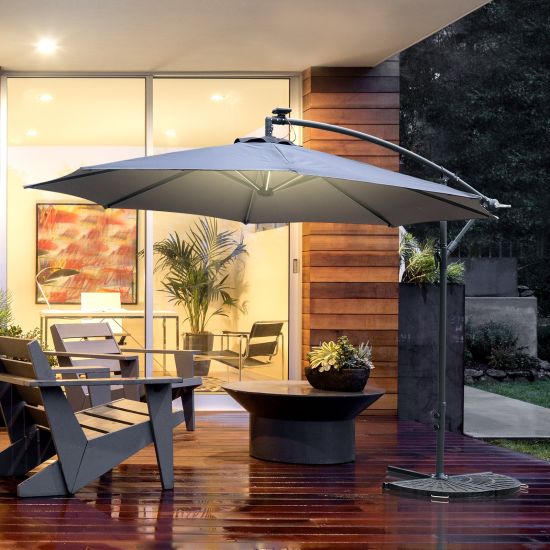 Outdoorlivinguk 2 95m Led Patio Banana, Cantilever Outdoor Beige Umbrella With Lights And Speakers