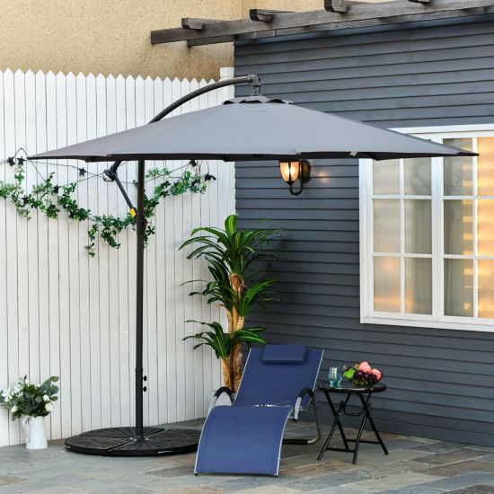 Garden Parasol Sun Shade Patio Banana, Outdoor Cantilever Grey Umbrella With Lights And Speaker
