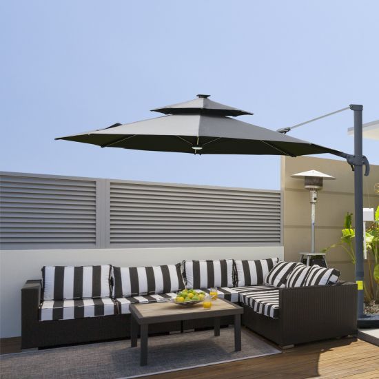 Outdoorlivinguk 3m Cantilever Parasol W, Outdoor Cantilever Grey Umbrella With Lights And Speaker