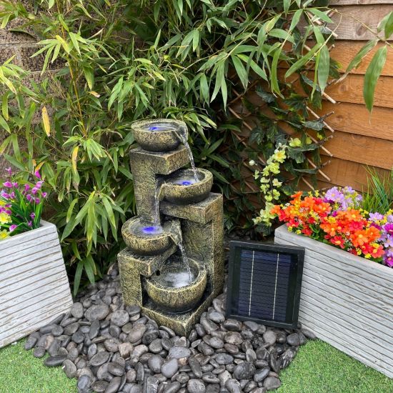 Aztec Style 4 Bowl Contemporary Solar, Small Outdoor Solar Water Features